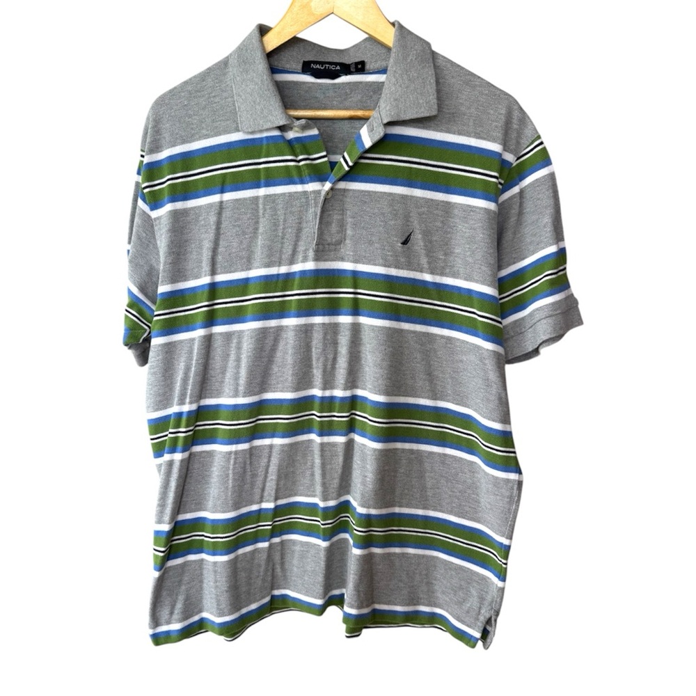 Nautica Gray Green Blue White Striped Cotton Short Sleeve Polo Shirt Sz Medium
